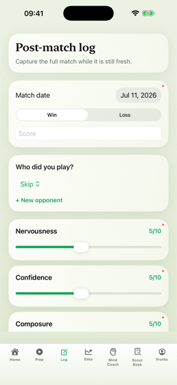 Post-match logging screen for score, nerves and confidence