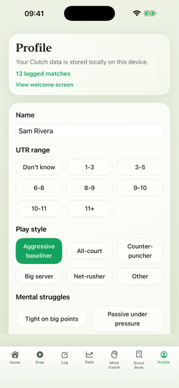 Profile screen with data export and reminder controls